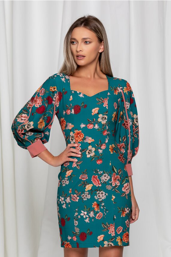 Rochie verde eleganta cu imprimeu floral si maneci bufante    LaDonna