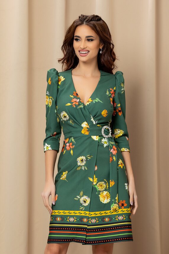 Rochie de ocazie verde eleganta cu imprimeuri florale petrecuta    MBG