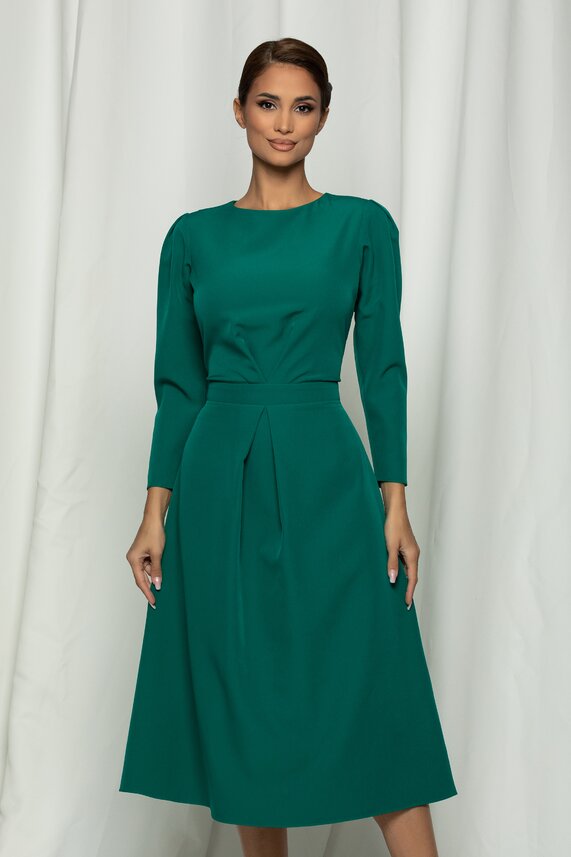 Rochie de nunta midi verde eleganta cu maneci lungi si decolteu rotund Dy Fashion