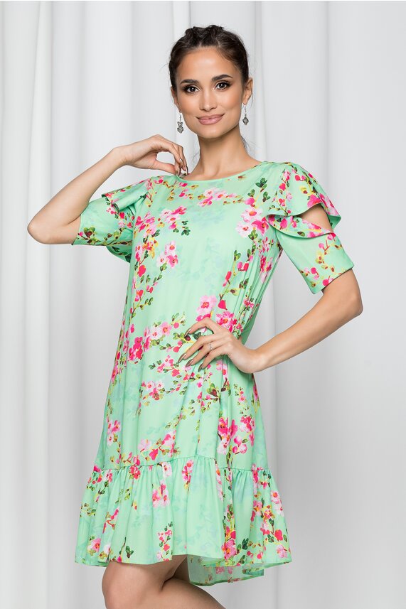 Rochie verde eleganta cu maneci scurte si decupaj cu volanase si decolteu rotund  LaDonna