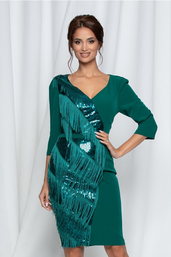 Rochie verde eleganta de ocazie accesorizata cu paiete si franjuri  Dalina