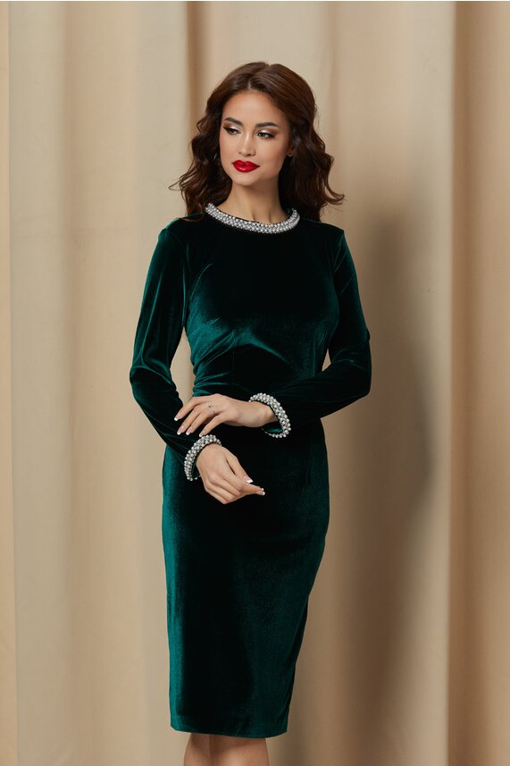 Rochie verde eleganta de ocazie din catifea accesorizata si decolteu  Dy Fashion