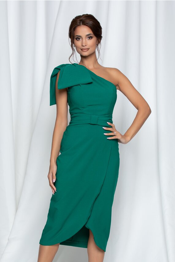 Rochie verde eleganta de ocazie cu fusta petrecuta si funda maxi la guler Fancy