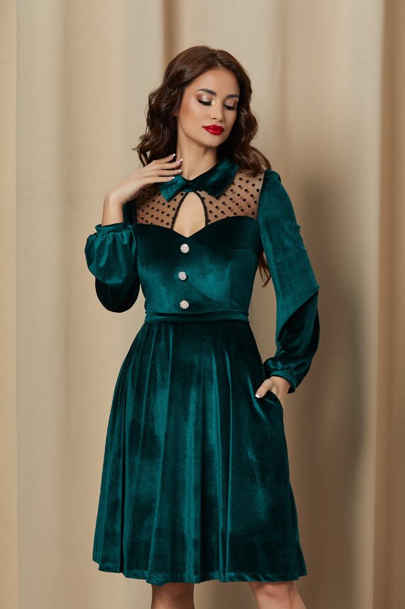 Rochie verde eleganta din catifea din tull cu decolteu   MBG