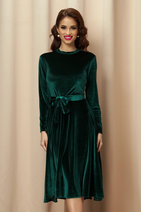 Rochie de seara verde eleganta din catifea si cordon in talie Dy Fashion