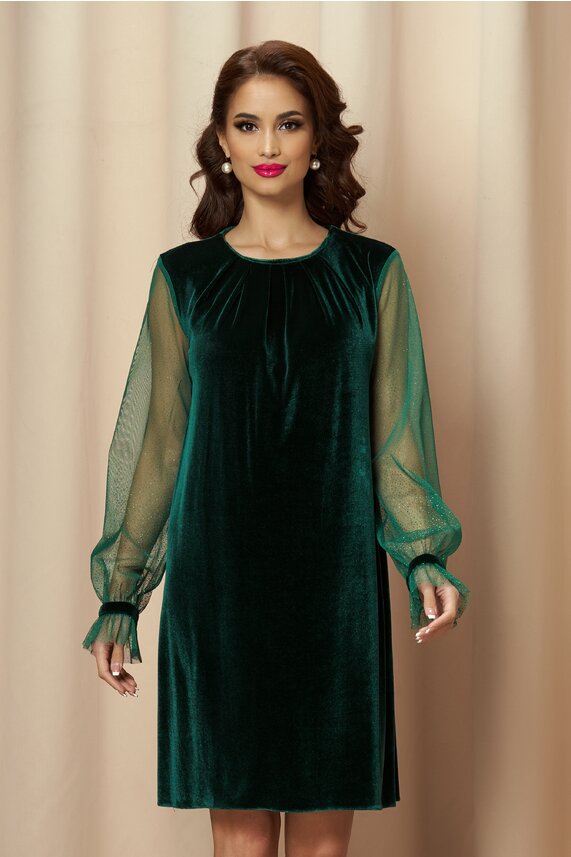 Rochie verde eleganta din catifea si maneci din tull    Dy Fashion