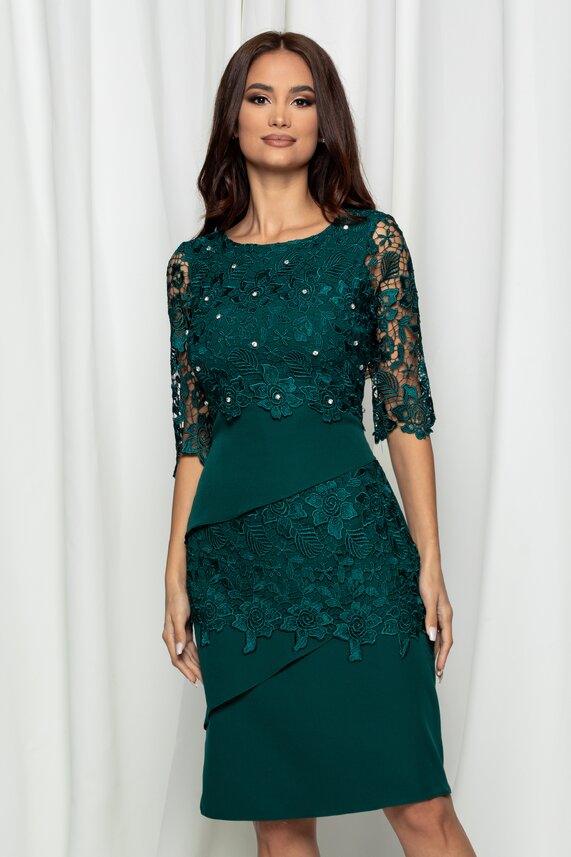 Rochie verde eleganta din dantela de nunta cu maneci trei sfert Alexia