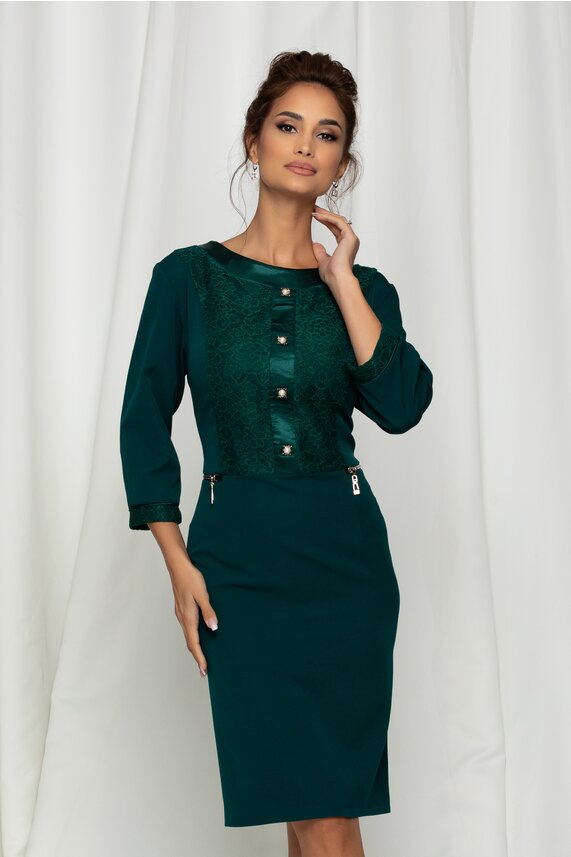 Rochie de seara verde cambrata eleganta din dantela si perlute Doris