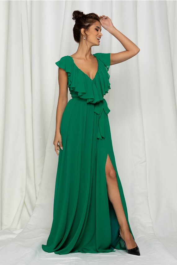 Rochie de seara verde eleganta lunga din voal cu decolteu in V Dy Fashion Gaby