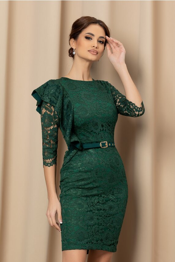 Rochie verde eleganta midi de botez cu maneci trei sfert din dantela Mia