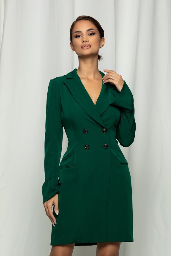 Rochie de ocazie verde eleganta tip sacou cu inchidere cu nasturi Moze