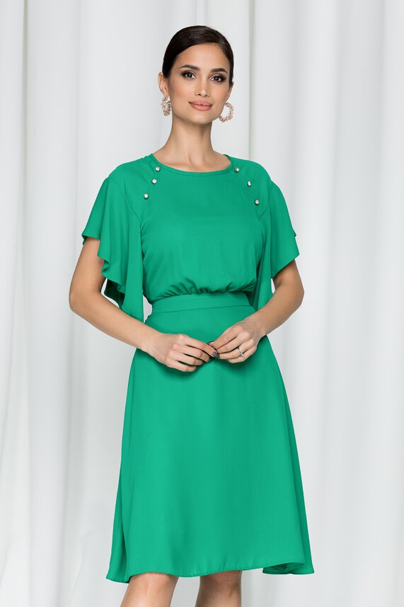 Rochie verde in clos eleganta de botez cu nasturi decorativi si maneci scurte LaDonna