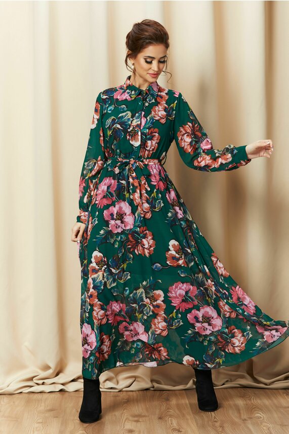 Rochie verde lunga cu guler si imprmeu floral Raluca