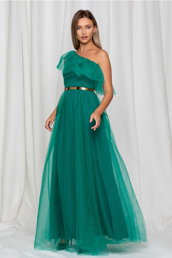 Rochie verde lunga de seara stil printesa din tulle cu volanas la bust Dy Fashion Erica