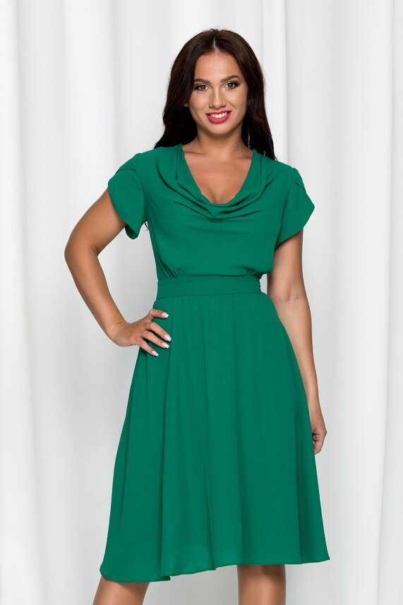 Rochie de soacra verde midi cu decolteu lasat si maneci scurte cu fermoar ascuns   LaDonna