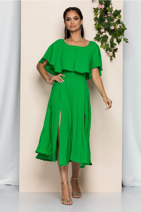 Rochie verde midi cu decolteu si volanas cu cu crapaturari   Moze