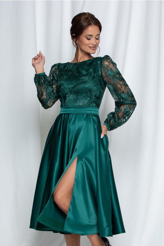 Rochie verde midi eleganta din dantela din material satinat   MBG