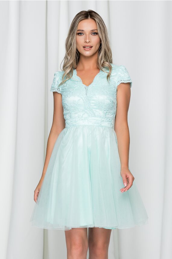 Rochie verde mint eleganta cu decolteu in V si maneci scurte din tulle si fermoar  Ella Collection Julia