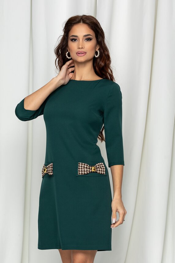 Rochie verde office cu funde si buzunare    MBG