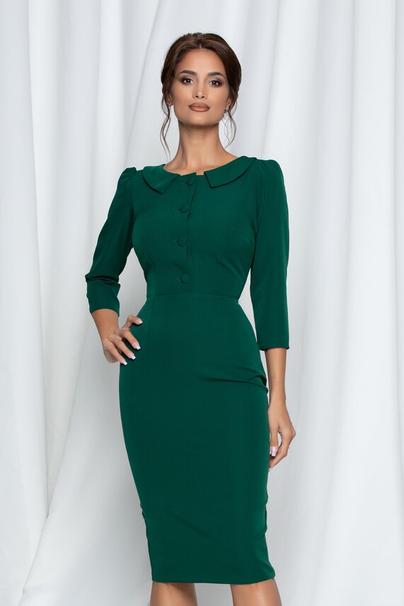 Rochie de ocazie verde cu guler rotund si maneci trei sferturi foarte eleganta Moze