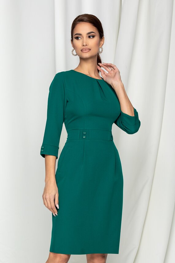 Rochie office eleganta verde midi cu croi cambrat si buzunare false Sara