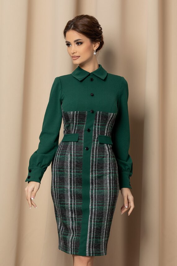 Rochie office in carouri verde cu nasturi decorativi si croi cambrat pe talie Moze