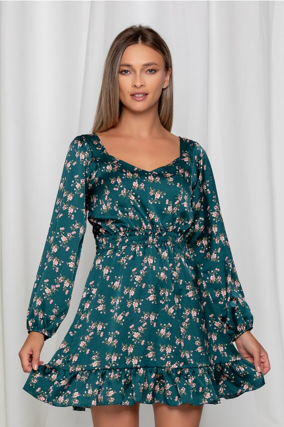 Rochie verde satinata cu imprimeuri florale     Alice