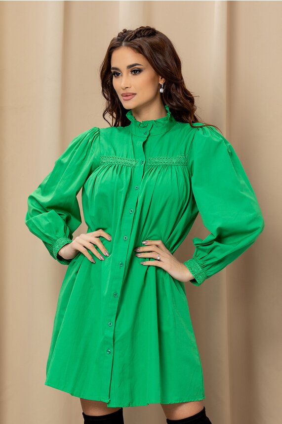 Rochie verde tip camasa de zi cu broderie    Ilinca