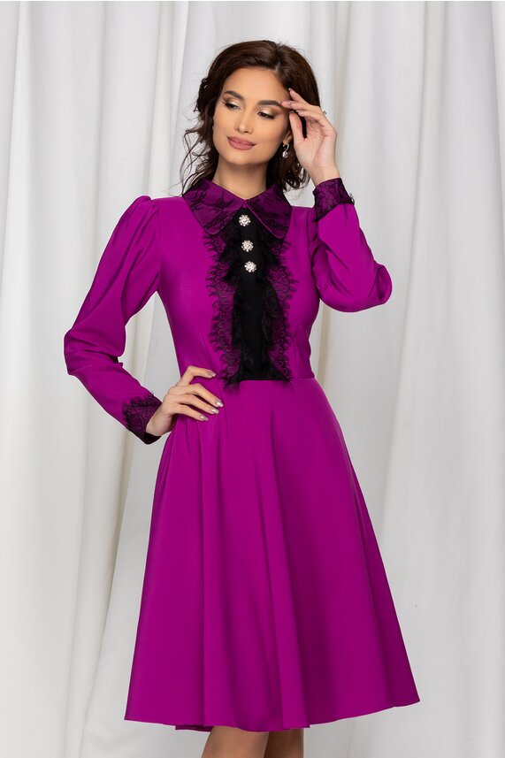 Rochie violet eleganta midi in clos de nunta cu maneci lungi LaDonna